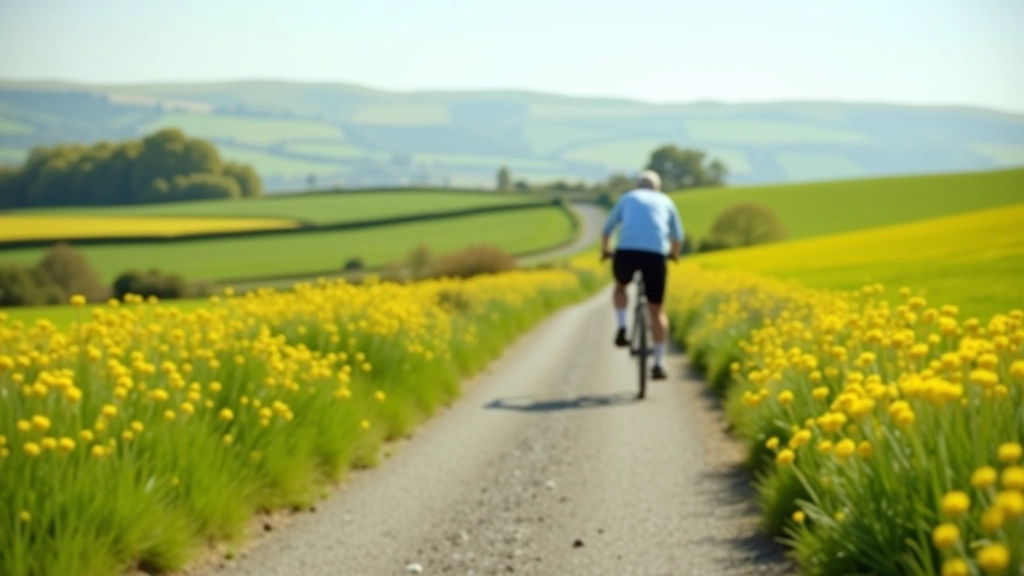 Cyclist riding on viaduct in spring with blooming wildflowers and green fields, bright sunny day, Irish countryside landscape
