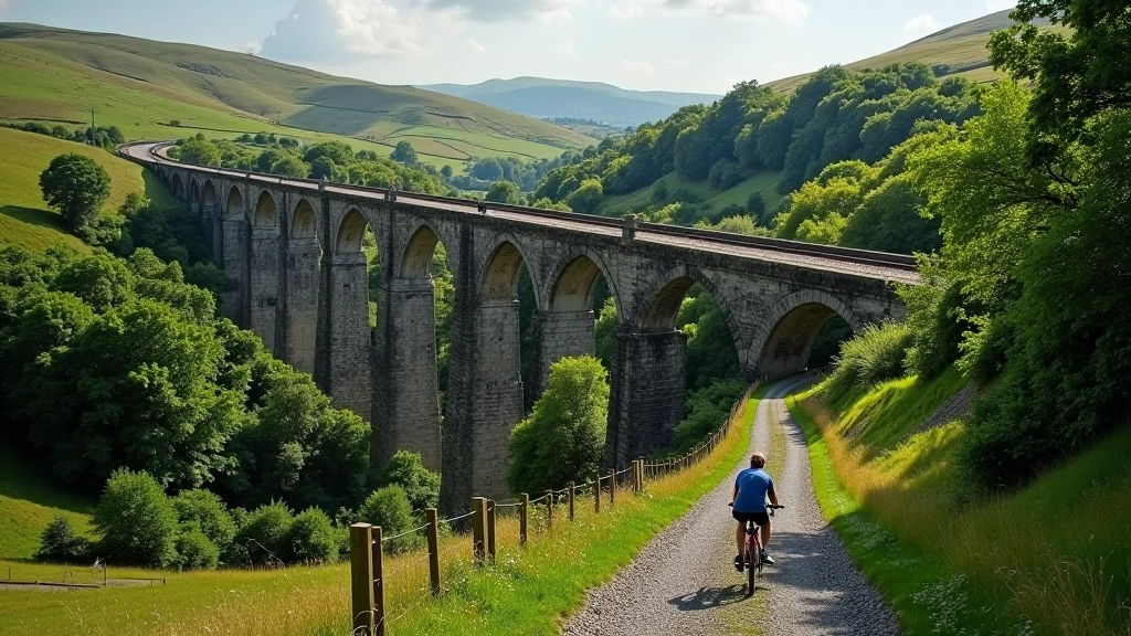Historic stone railway viaduct spanning green valley with mature trees, demonstrating Victorian engineering