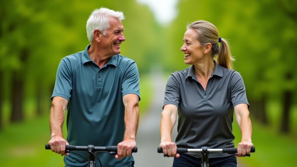 Older couple stretching and preparing before a bike ride on a sunny day