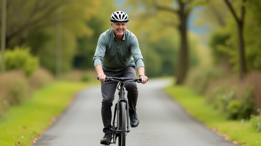 Mature cyclist in safety gear riding hybrid bike on smooth paved greenway, sunlit trees and open sky, peaceful expression