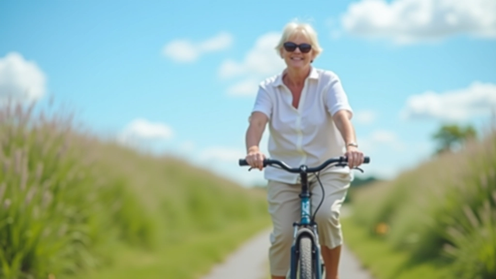 Older woman in summer clothing cycling on trail with blue sky and puffy clouds overhead, relaxed pace, daytime scene